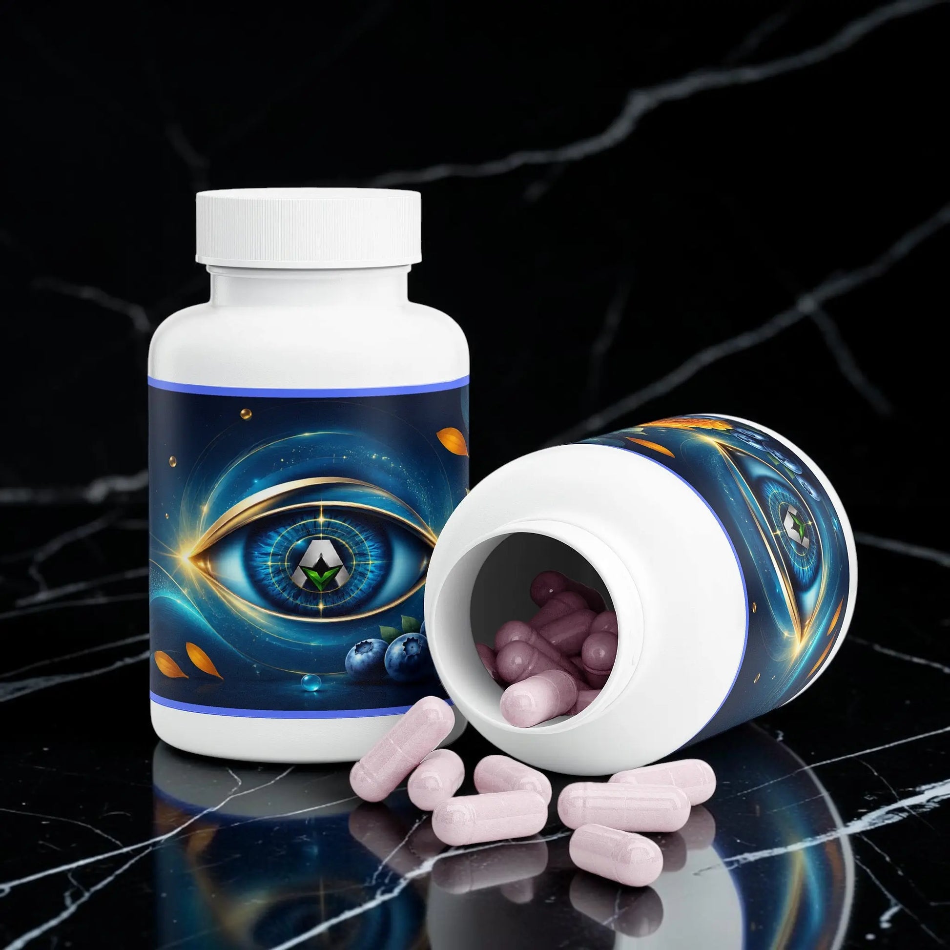 Flacon de supplément AlphaVIT pour la santé oculaire avec capsules roses et illustration d'un œil sur l'étiquette