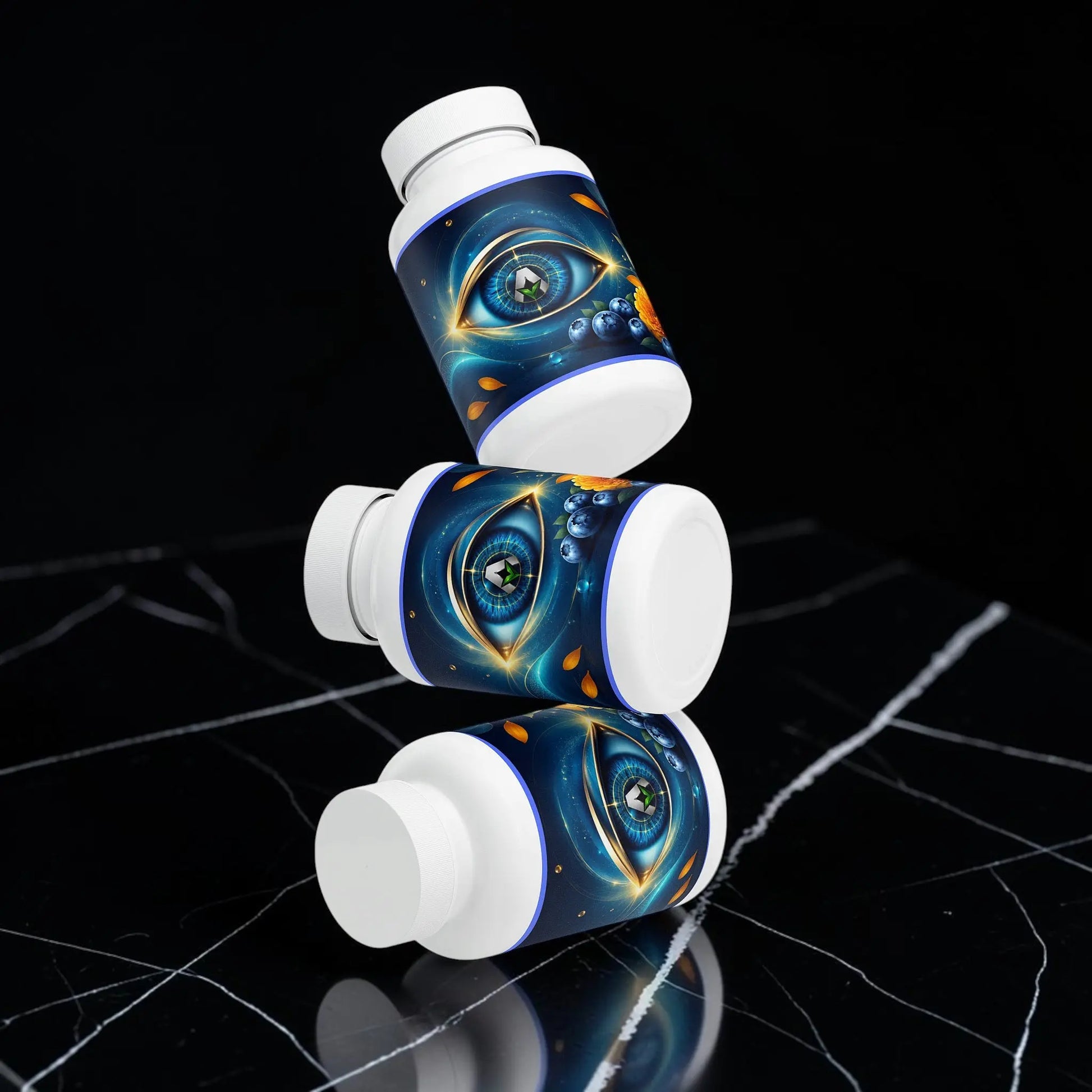 Trois flacons de supplément AlphaVIT pour la santé oculaire flottant sur fond blanc avec étiquette illustrée d'un œil.