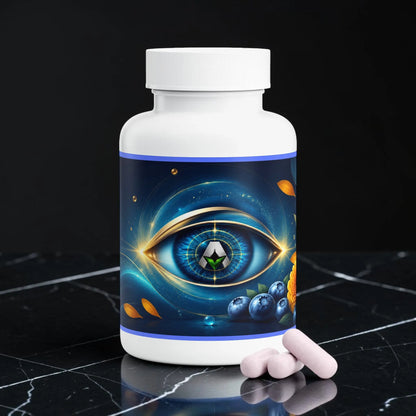 Flacon de supplément AlphaVIT pour la santé oculaire avec illustration d'un œil, de myrtilles et de capsules roses.