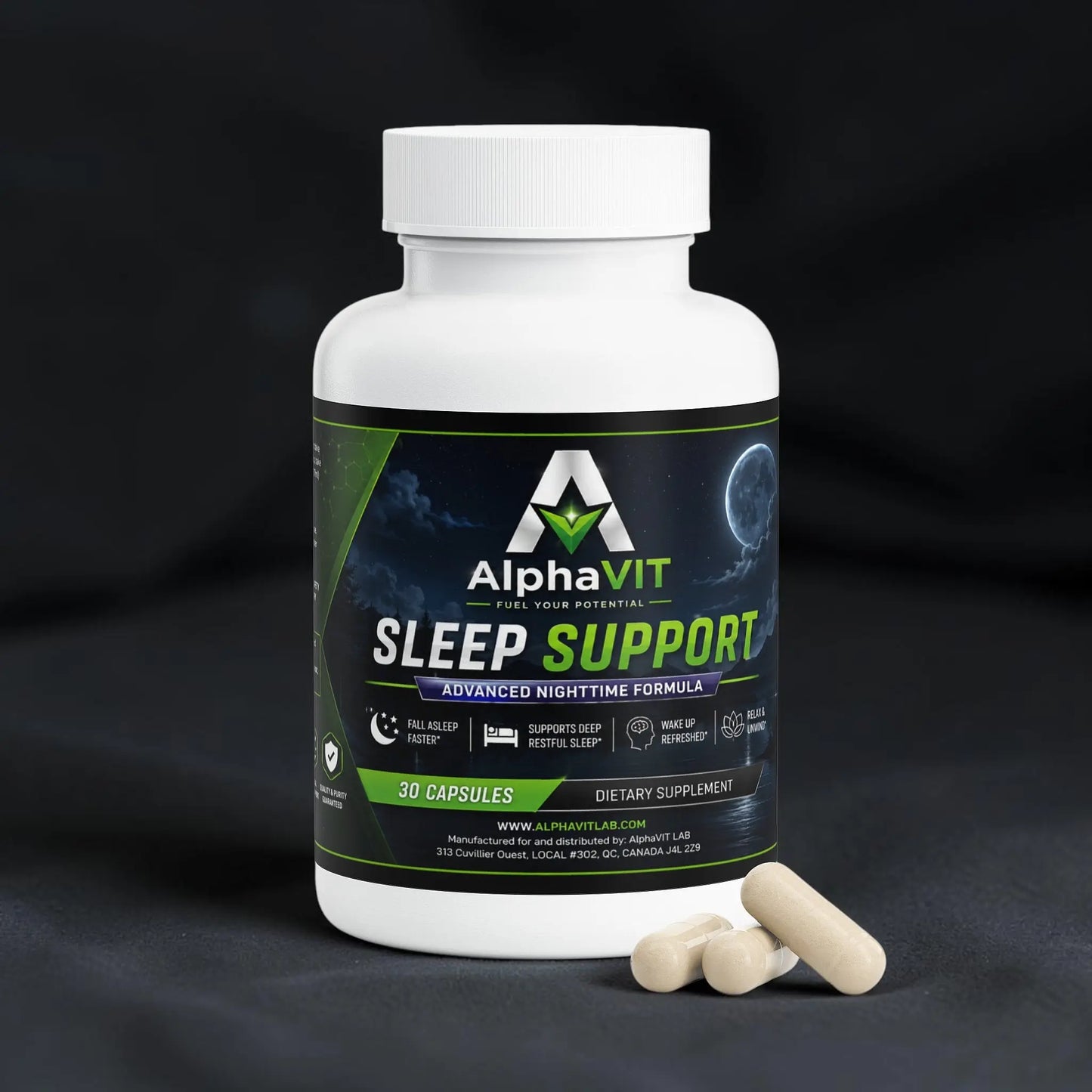 Flacon de supplément AlphaVIT Sleep Support avec capsules végétales pour un sommeil réparateur sur fond blanc