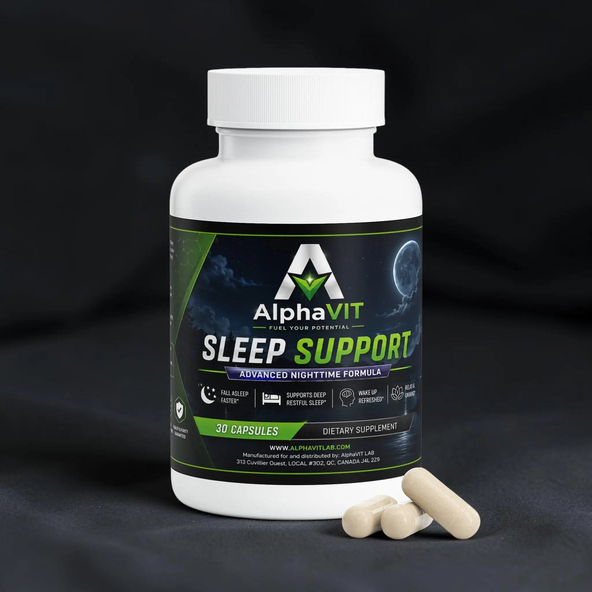 Flacon de supplément AlphaVIT Sleep Support avec capsules végétales pour un sommeil réparateur sur fond blanc