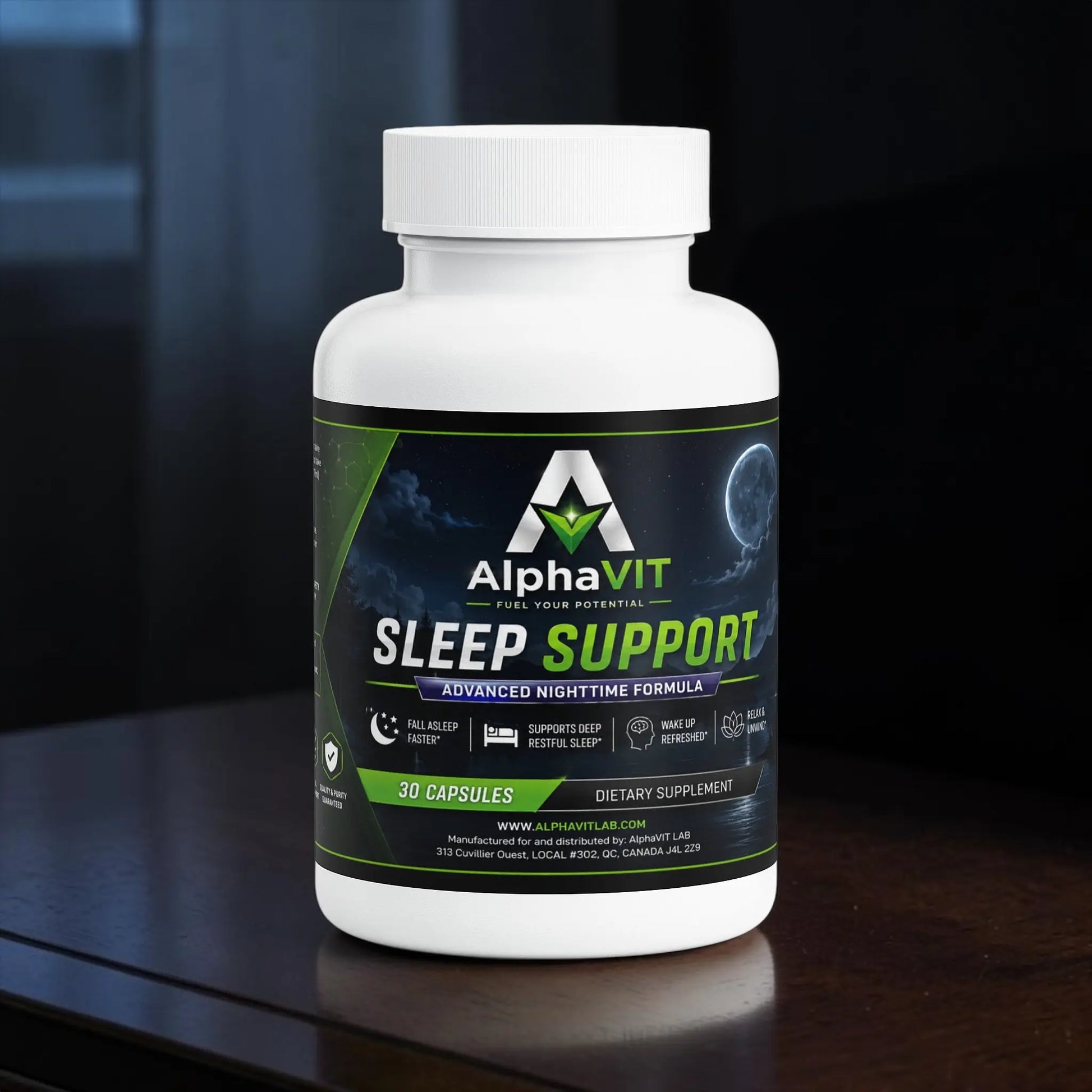 Flacon de supplément AlphaVIT Sleep Support avec étiquette noire illustrant une nuit étoilée, 30 capsules végétales.