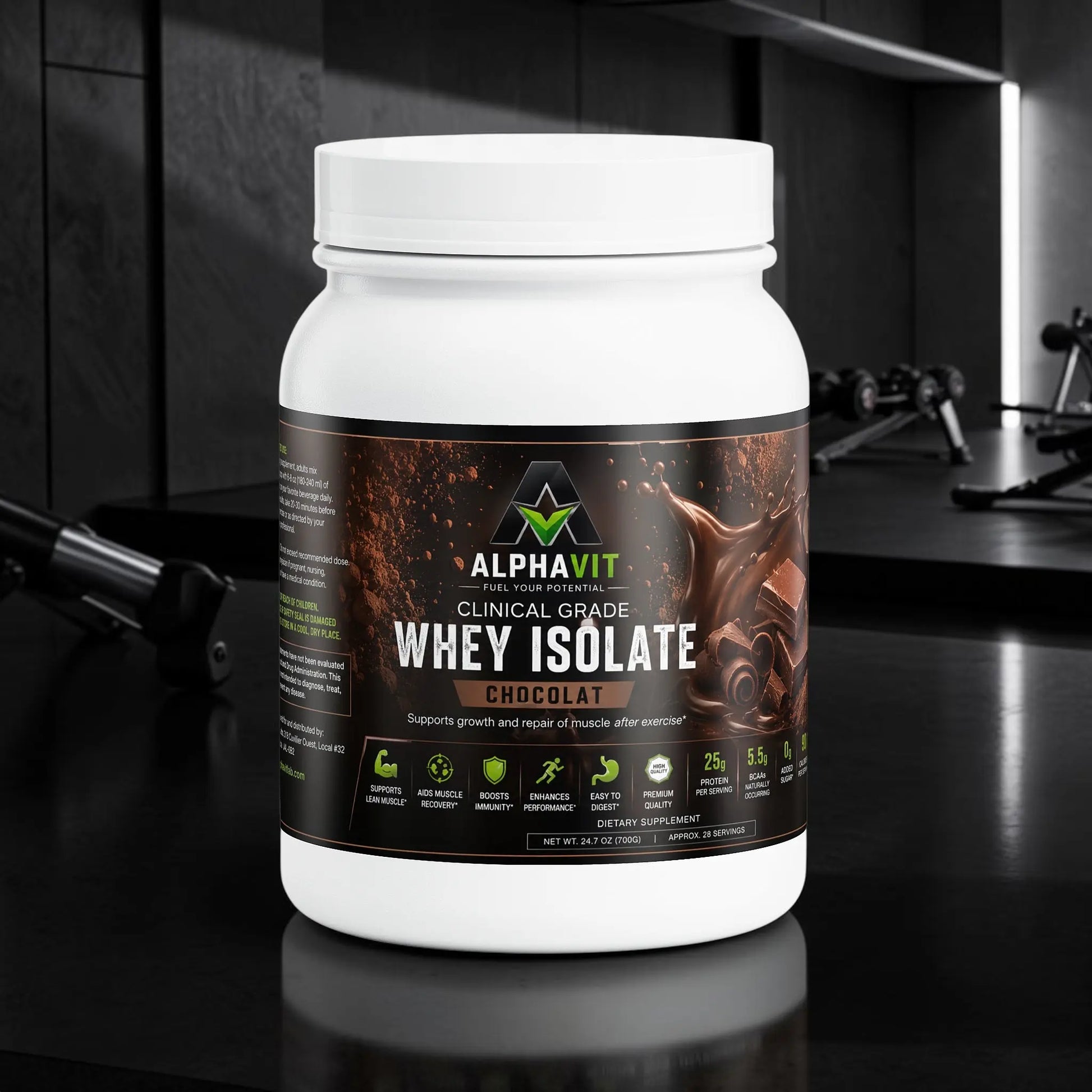 Pot de poudre de protéine AlphaVIT Whey Isolate au chocolat, formule de qualité clinique pour la récupération musculaire
